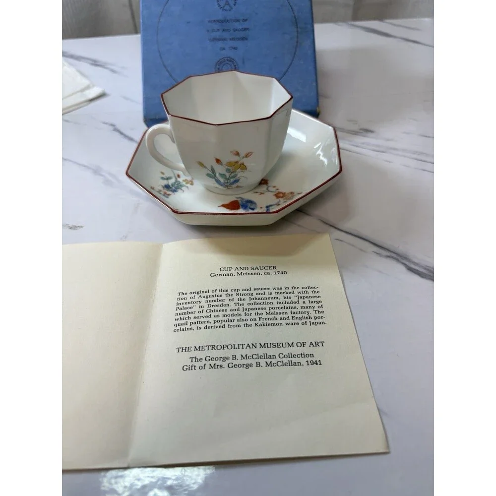 Limoges 1740 Meissen Repro Metropolitan Museum Art Octagonal Quails Cup & Saucer